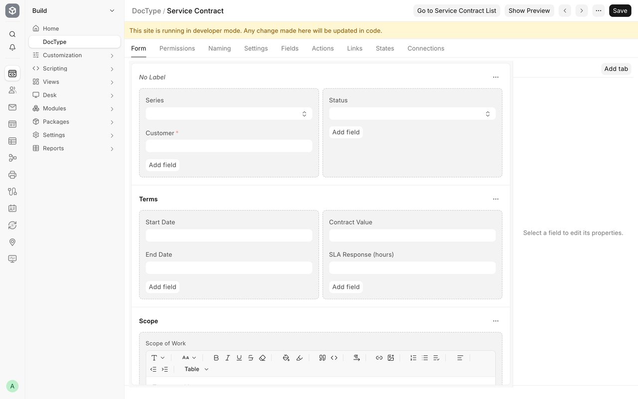 The form builder in Frappe version 16 laying out a custom Service Contract document type with series, customer, status, dates and a scope of work